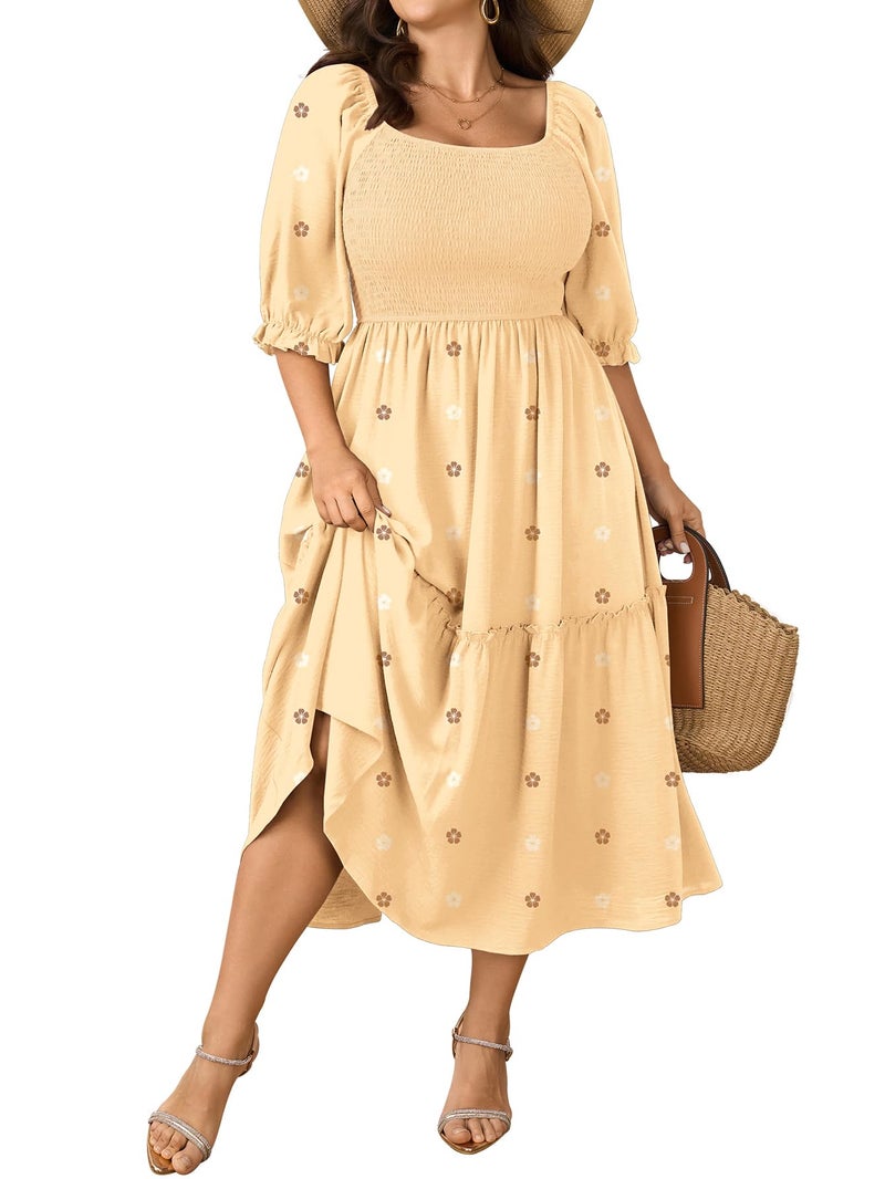 SCOMCHIC Women's Plus Size Maxi Dress Puff Short Sleeve Square Neck Floral Casual Boho Tiered Smocked Ruffle Flowy Long Dresses - Image 1