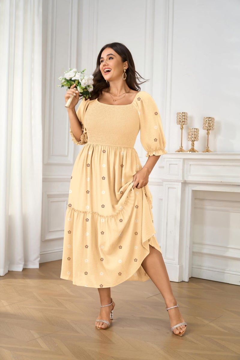 SCOMCHIC Women's Plus Size Maxi Dress Puff Short Sleeve Square Neck Floral Casual Boho Tiered Smocked Ruffle Flowy Long Dresses - Image 2