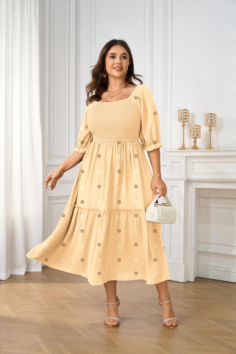 SCOMCHIC Women's Plus Size Maxi Dress Puff Short Sleeve Square Neck Floral Casual Boho Tiered Smocked Ruffle Flowy Long Dresses - Image 5
