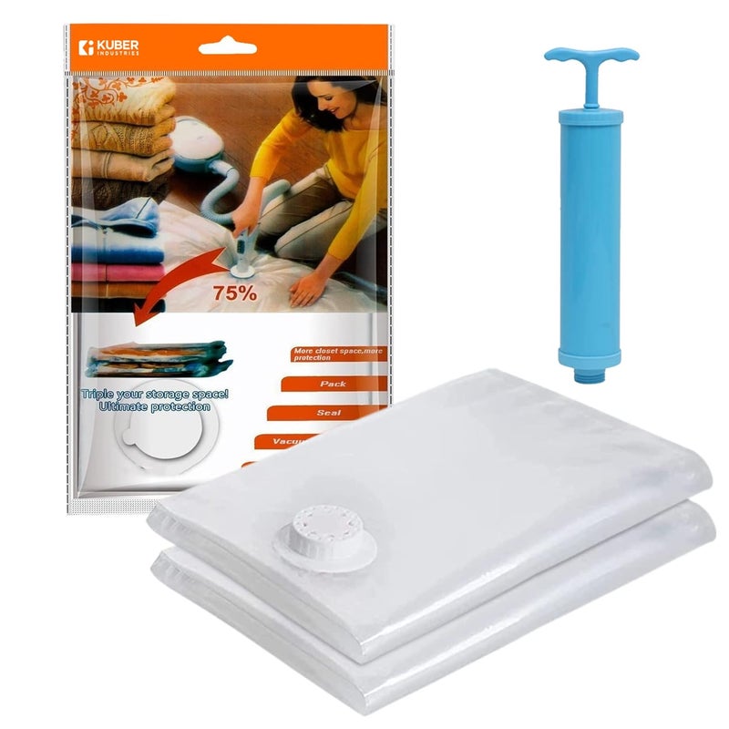 Kuber Industries Plastic Vacuum Storage BagsSpace Saver BagsTravel Vacuum Storage Seal Bags For Comforters Blankets Clothes Pillows With Hand Pump 50X60 Cm Pack of 2 Transparent - Image 1