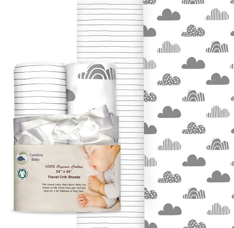 Cambria Baby 100 Organic Cotton Fitted Travel CribPlayard Sheets for Guava Lotus BabyBjorn Dream on Me Baby Joy and All Other 24 x 42 Padsmattresses Safety Strap Holes in Each Corner 2 Pk 