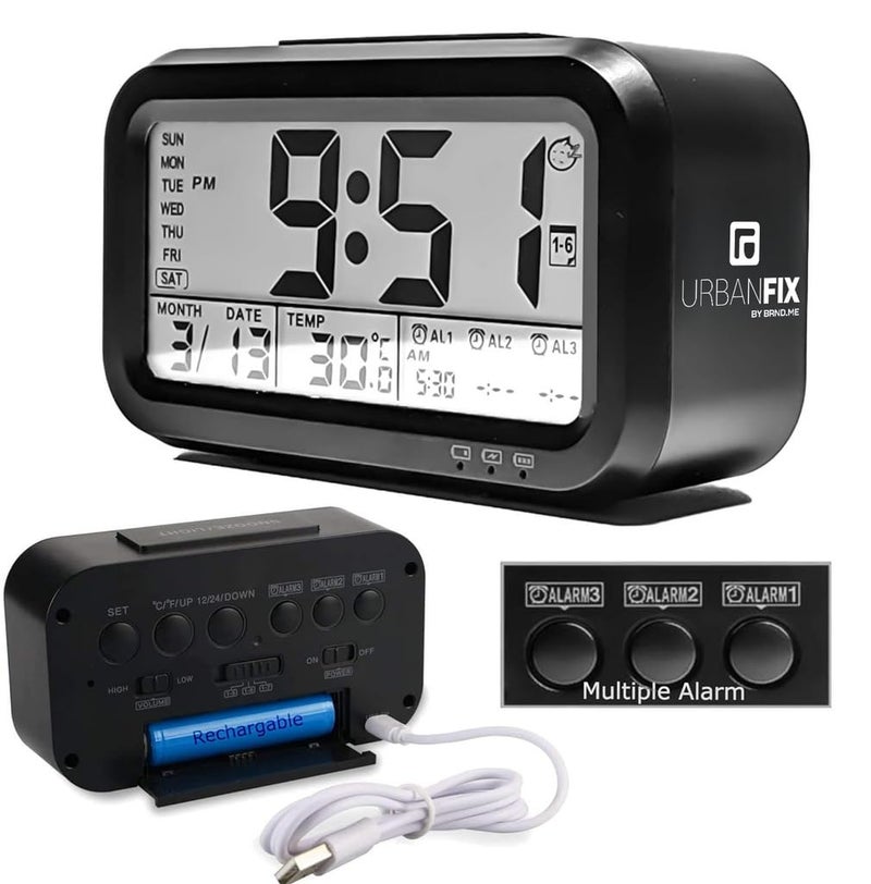 URBANFIX Bulfyss USB Rechargeable Digital Alarm Clock, Date, Temperature, Backlight LCD Display Smart Clock with 3 Alarms Bedroom Table Desk (Black) - Image 1