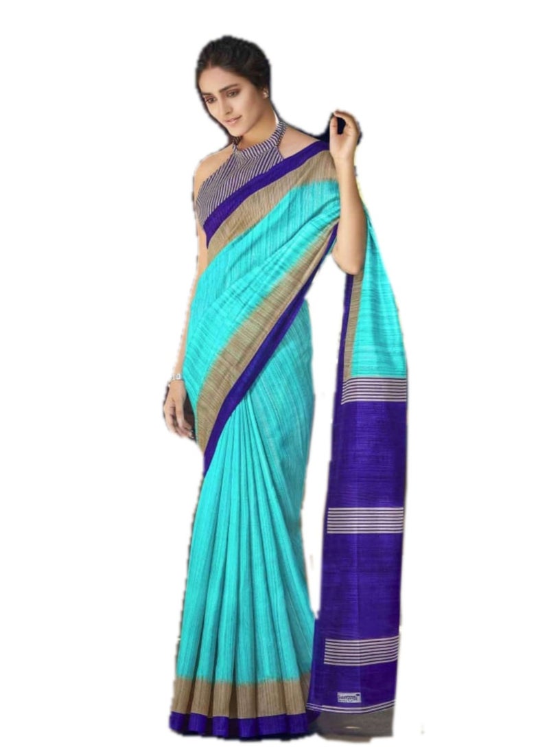 Grab Mantra Raw Silk khadi Turquoise Mint Colored Saree With Purple Border Plus Unstitched Blouse  - Image 1