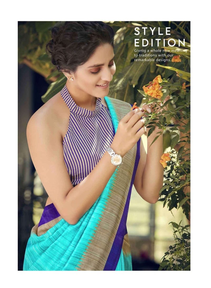 Grab Mantra Raw Silk khadi Turquoise Mint Colored Saree With Purple Border Plus Unstitched Blouse  - Image 2