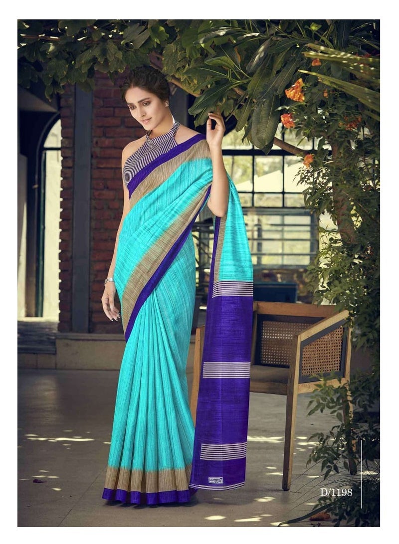 Grab Mantra Raw Silk khadi Turquoise Mint Colored Saree With Purple Border Plus Unstitched Blouse  - Image 3