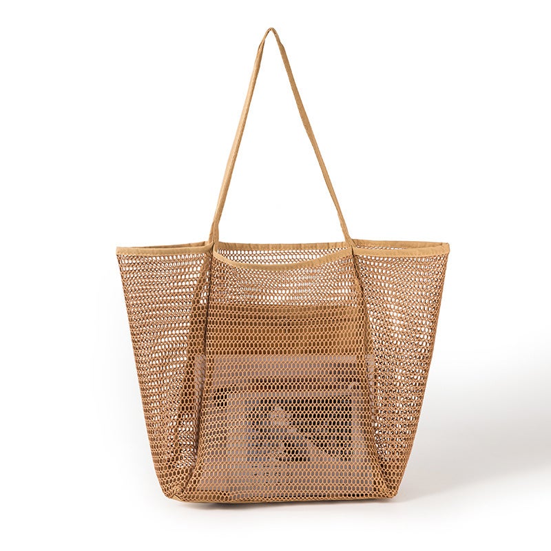Multi-functional Casual Large Shoulder Shopping Bag Outdoor Swimming Beach Bag Breathable Visual Mesh Tote Bag Storage Bag Coffee 