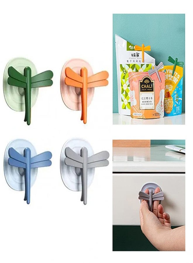 SpiderJuice 4Pc Multi-Functional Self Adhesive Dragonfly Hooks for Wall Without Drilling Plastic Bag Clip Sealer Bathroom Kitchen Towel Hanger Stickers Decorative Fridge Magnets Drawer Pull Handels - Image 1