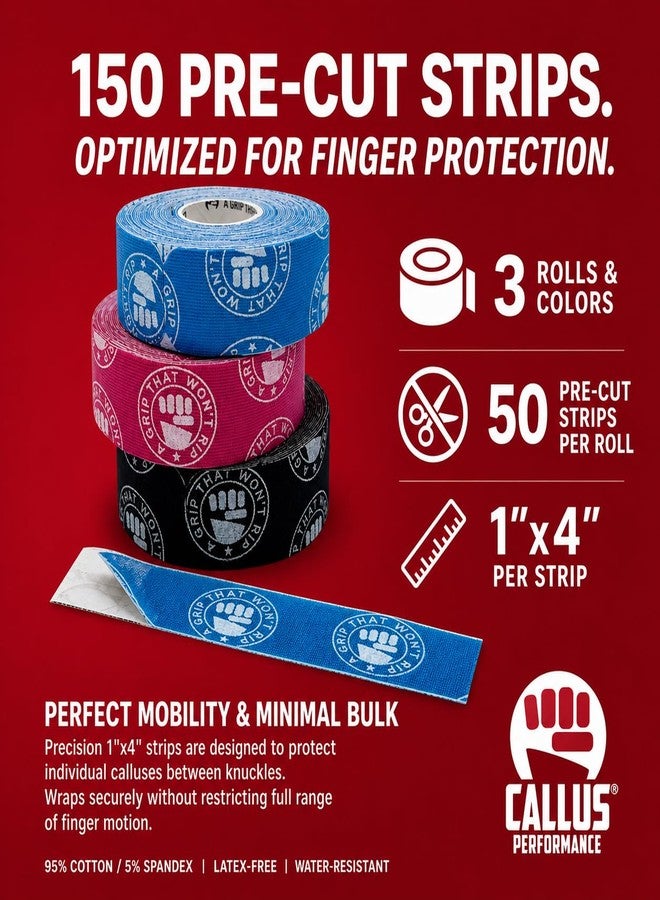 Callus Performance Pre-Cut Finger Tape (1x4") – Slim Hook Grip Tape for Weightlifting, Gymnastics & Rock Climbing – Flexible, Sweat-Proof & No-Residue Adhesive – 3-Pack, 150 Strips Total - Image 3