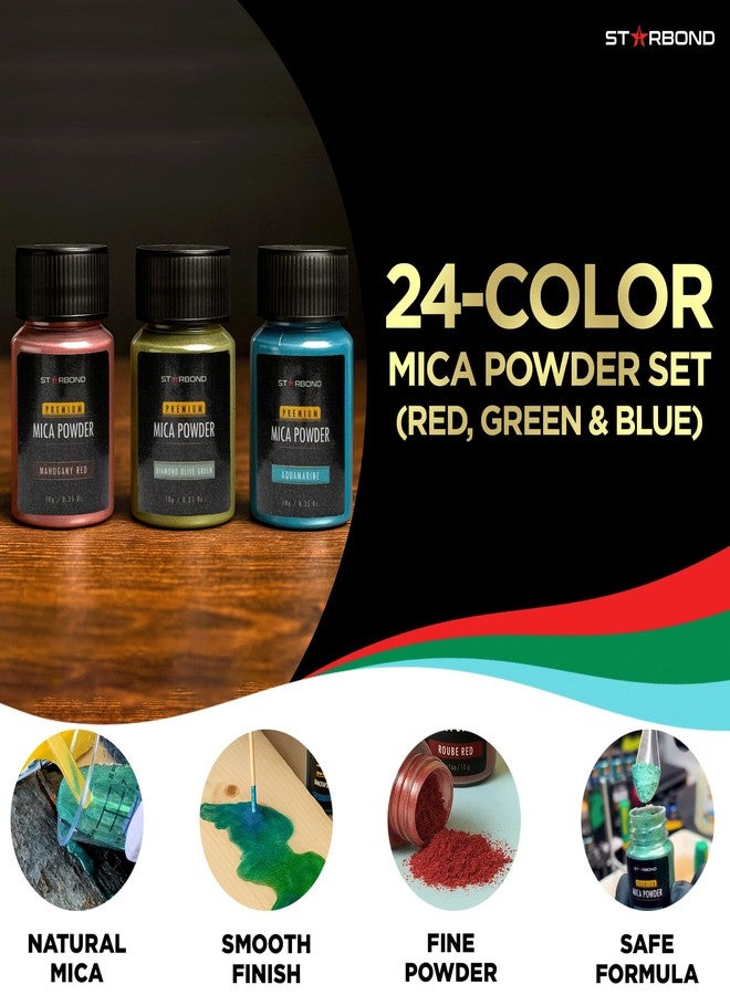 Starbond 24-Color Mica Powder Set - Natural, Irritant-Free Pigments (10g Bottles) - Featuring Vibrant 5 Reds, 7 Greens & 11 Blue Tones - for Resin Art, Wood Inlays, DIY, Soap & Candle Making - Image 2