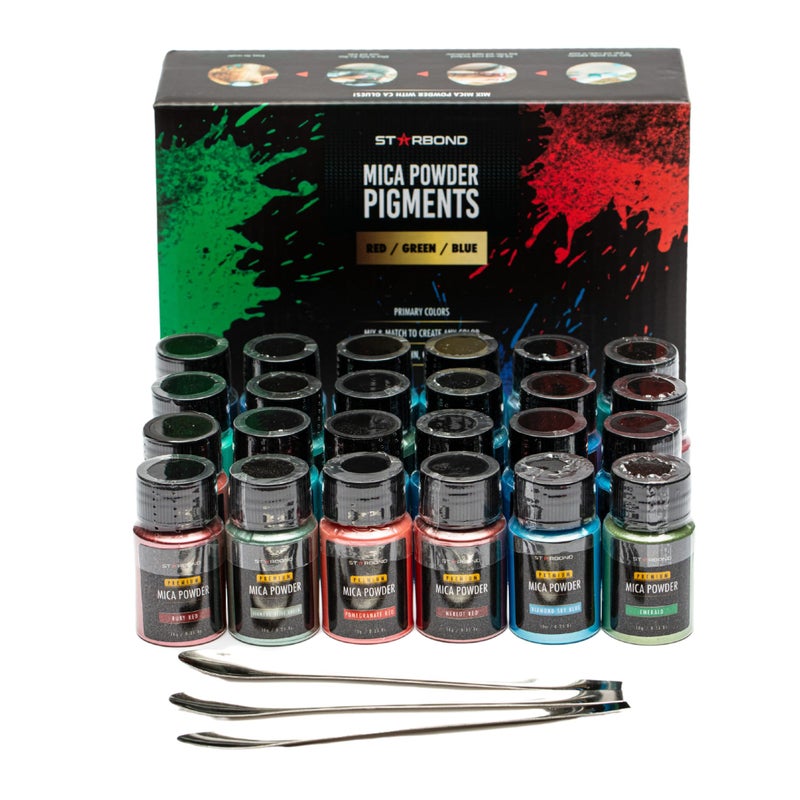 Starbond 24-Color Mica Powder Set - Natural, Irritant-Free Pigments (10g Bottles) - Featuring Vibrant 5 Reds, 7 Greens & 11 Blue Tones - for Resin Art, Wood Inlays, DIY, Soap & Candle Making - Image 1
