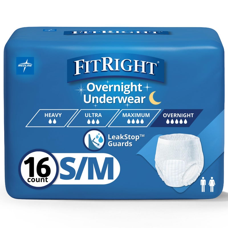 FitRight Overnight Unisex Underwear, Small/Medium (28-40 in Waist), 16 Count, Maximum All Night Disposable Incontinence Protection, Pull-On Absorbent Underwear for Men & Women, 1 Bag - Image 1