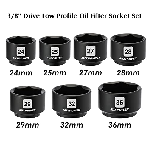 MIXPOWER 7 Pieces 3/8" Drive Low Profile Oil Filter Socket Set, 24mm, 25mm, 27mm, 28mm, 29mm, 32mm, 36mm, Oil Filter Cap Remover and Installer Tool Set - Image 3
