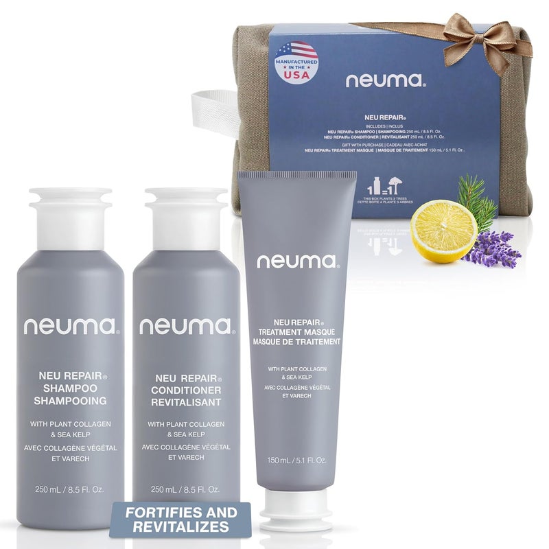 NEUMA Neu Repair Holiday Gift Set — Neu Repair Shampoo (8.5 Fl. Oz.), Neu Repair Conditioner (8.5 Fl. Oz.), and Repair Treatment Masque (5.1 Fl. Oz.) — Hair Repair Treatment for Damaged Hair