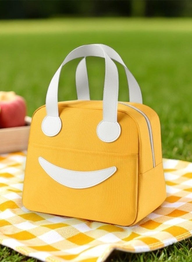 Toshionics Insulated Lunch Box Bag -  with Smiling Face Design – Leak-Proof Thermal Oxford Tote with Leather Handle – One Main Compartment & Outer Pocket – For Office, School, Work, Travel, Snacks – Reusable & Lightweight – Size 23.5x14x20.5 cm – 6.5L Capacity - Image 2