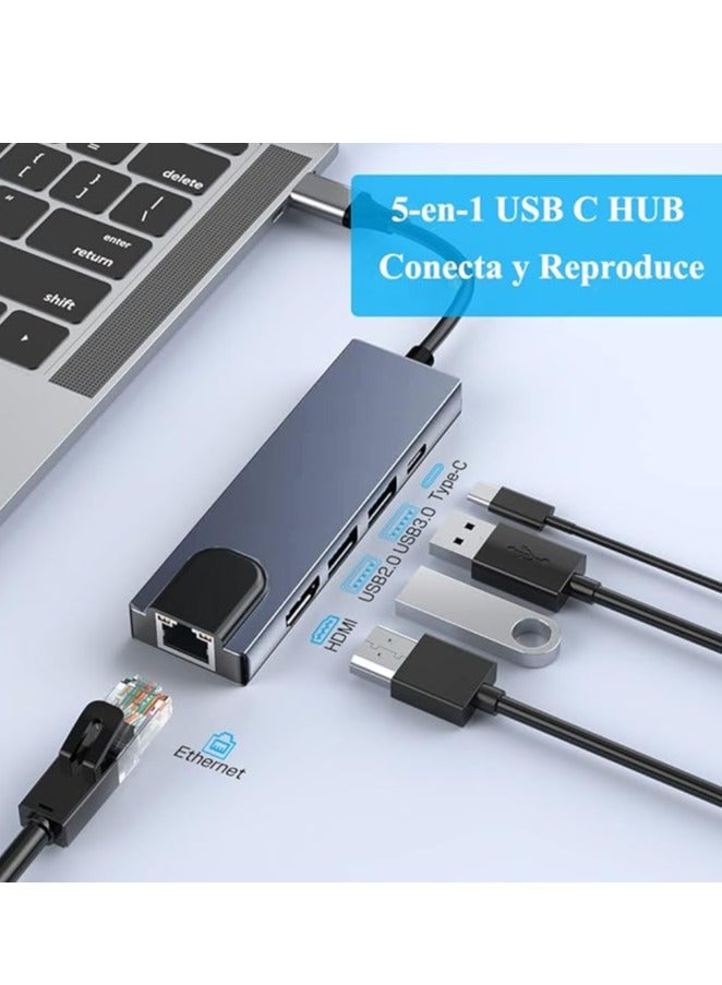 محول 5 في 1 من النوع C مع منفذ HDMI بدقة 4K ومحور USB باللون الرمادي الفضائي - Image 3