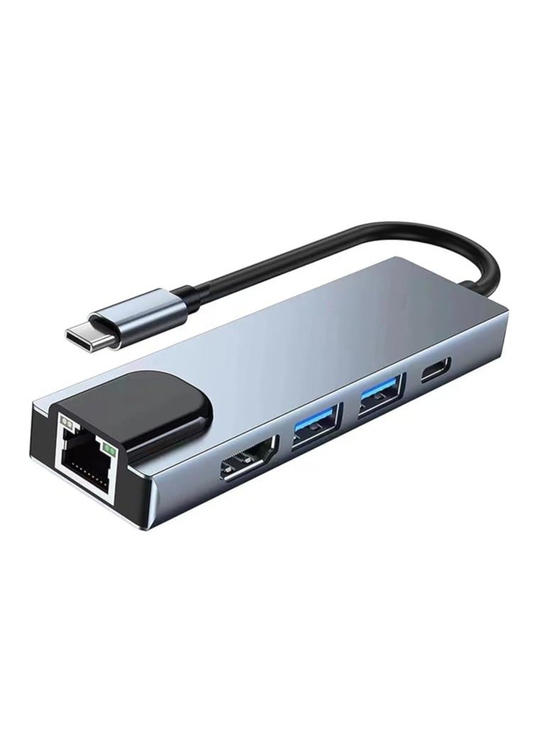 محول 5 في 1 من النوع C مع منفذ HDMI بدقة 4K ومحور USB باللون الرمادي الفضائي - Image 1