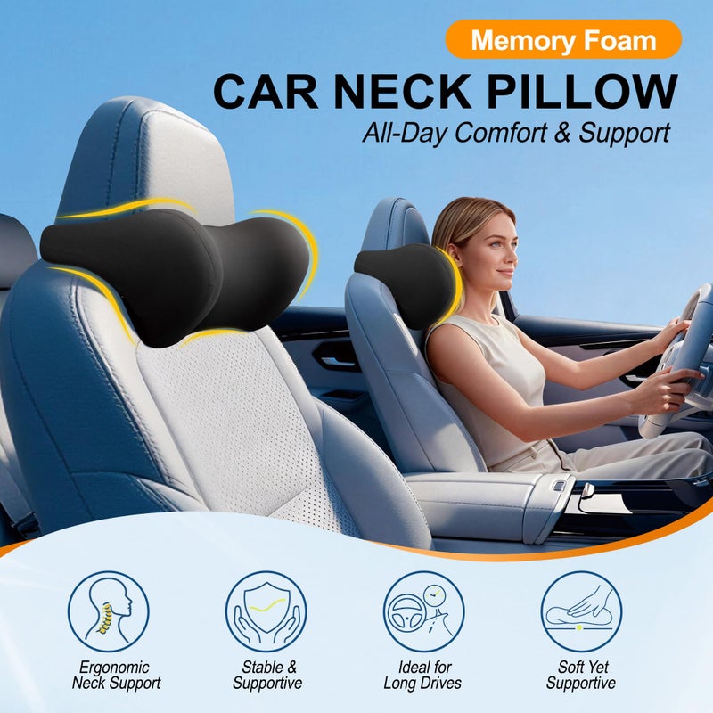 Allaboutsla 2-Pack Car Neck Pillow: Ergonomic Memory Foam Car Headrest Pillow, Neck Support Pillow for Long Drives, Headrest Support Cushion for Pain Relief, Universal Fit for Cars, SUVs & Trucks â€“ Black - Image 2