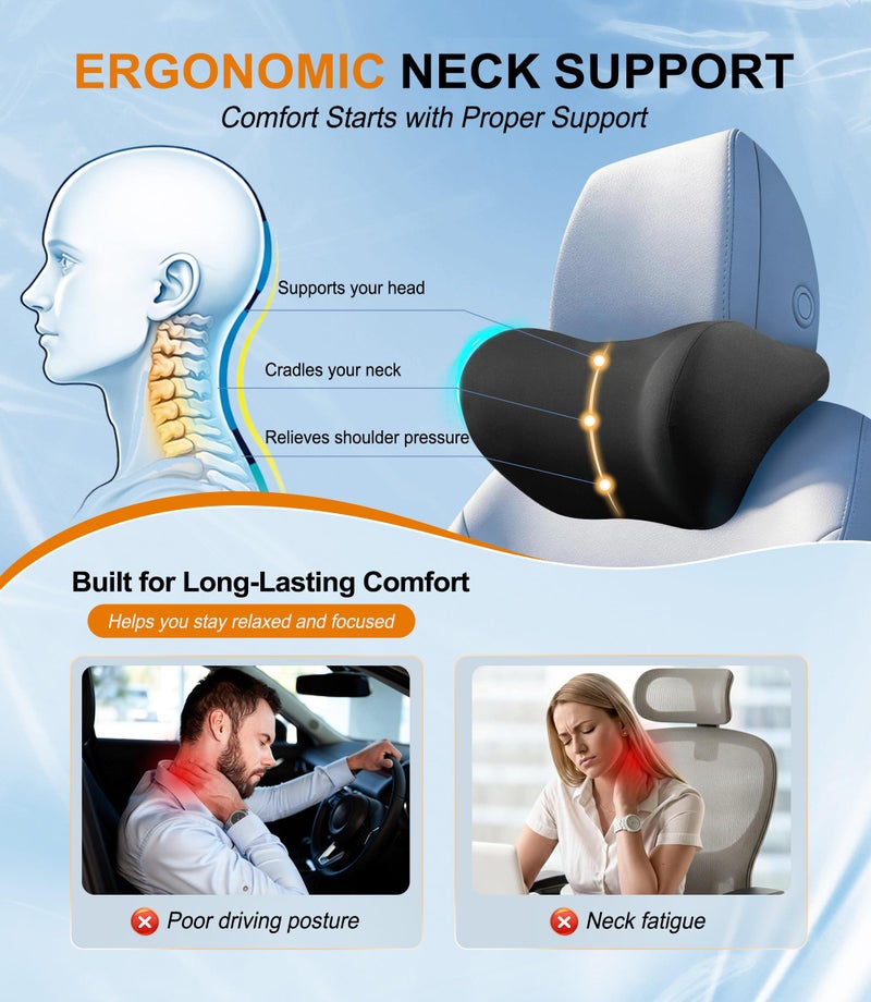 Allaboutsla 2-Pack Car Neck Pillow: Ergonomic Memory Foam Car Headrest Pillow, Neck Support Pillow for Long Drives, Headrest Support Cushion for Pain Relief, Universal Fit for Cars, SUVs & Trucks â€“ Black - Image 3