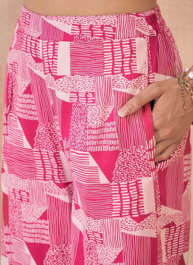 SASSAFRAS Pink Abstract Printed Cotton Co-ords Set for Women