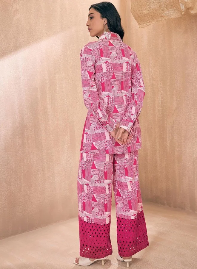 SASSAFRAS Pink Abstract Printed Cotton Co-ords Set for Women