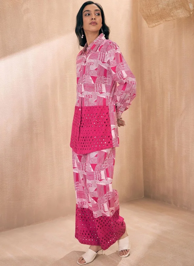 SASSAFRAS Pink Abstract Printed Cotton Co-ords Set for Women