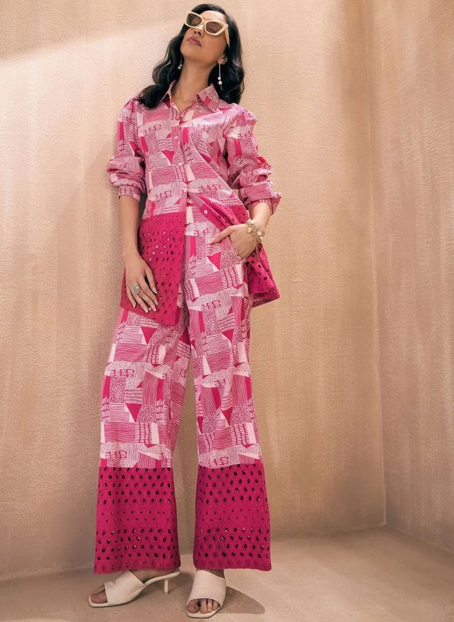SASSAFRAS Pink Abstract Printed Cotton Co-ords Set for Women