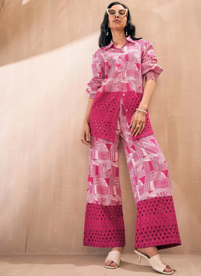 SASSAFRAS Pink Abstract Printed Cotton Co-ords Set for Women