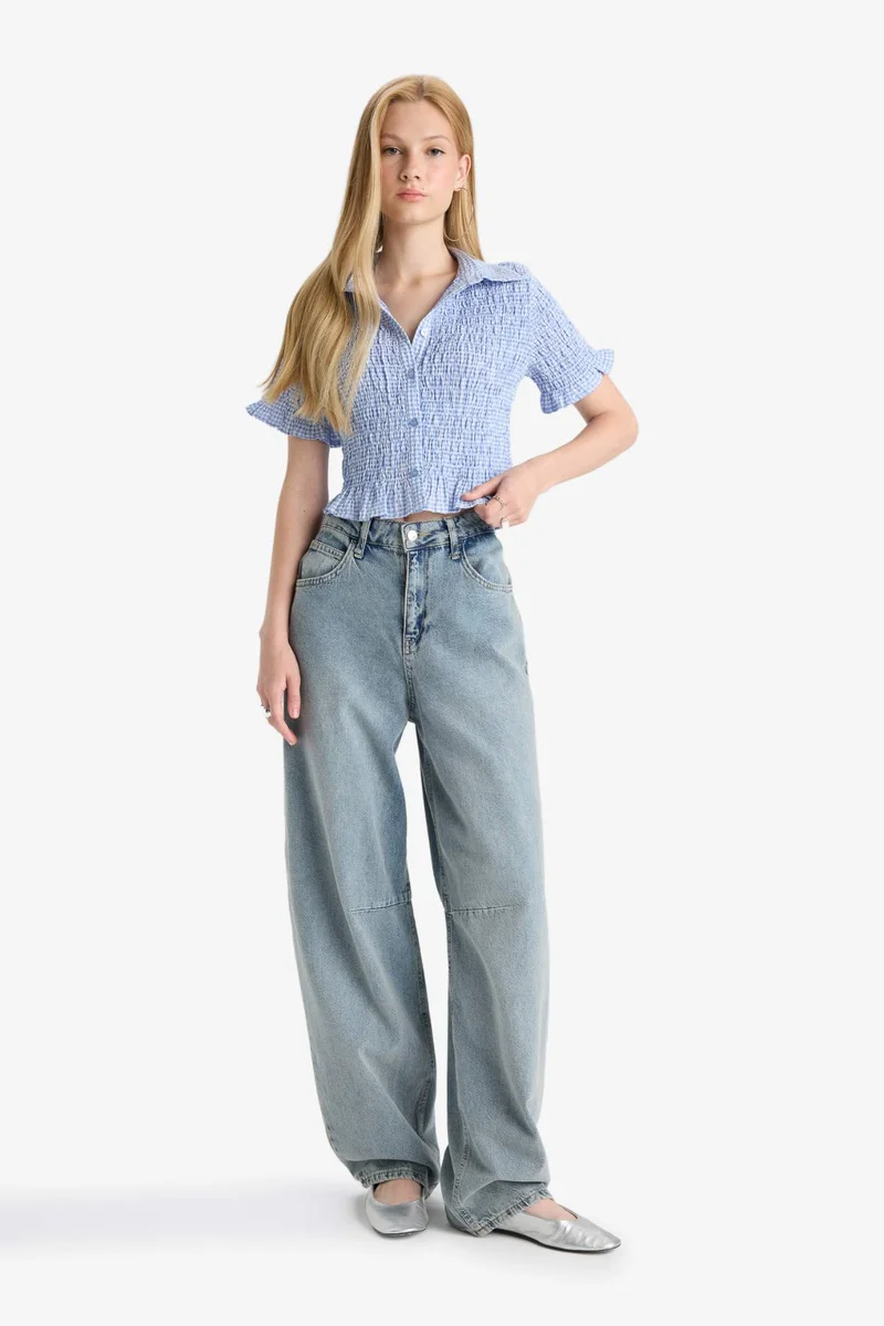 DeFacto Fitted Textured Short Sleeve Shirt