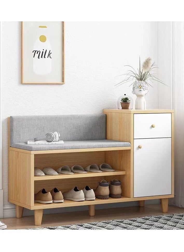 Wooden Shoe Cabinet Entryway Shoe Rack Organizer Bench with Soft Cushion Seat and Drawer Side Cabinet for Home Hallway Bedroom Living Room - Image 1