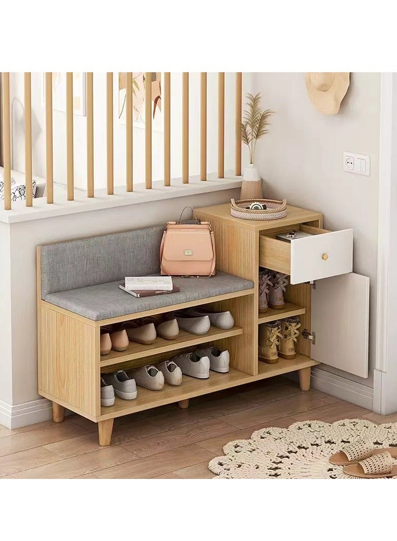 Wooden Shoe Cabinet Entryway Shoe Rack Organizer Bench with Soft Cushion Seat and Drawer Side Cabinet for Home Hallway Bedroom Living Room - Image 2