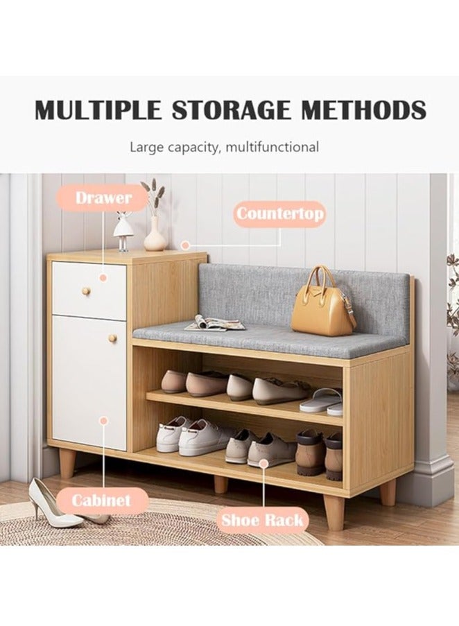 Wooden Shoe Cabinet Entryway Shoe Rack Organizer Bench with Soft Cushion Seat and Drawer Side Cabinet for Home Hallway Bedroom Living Room - Image 3