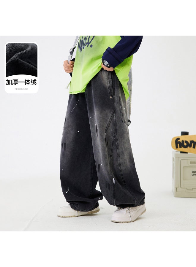 Boys' Winter Splash-ink Wide-leg Fleece-lined Thickened Scimitar Jeans  New Children's Straight Loose Pants