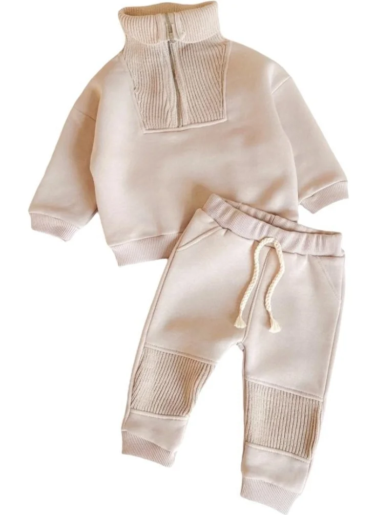 Necix'S Knitwear Zipper Collar Detailed Raised Winter 2-Piece Bottom Top Set