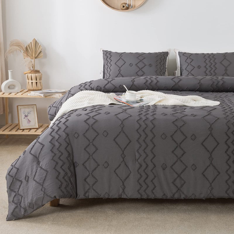 Andency Dark Gray Tufted Comforter Set Full79x90Inch 3 Pieces1 Tufts Comforter 2 Pillowcases Boho Textured Farmhouse Bed Microfiber Down Alternative Geometric Bedding Set
