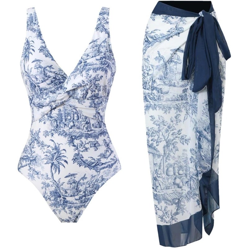 Womens One Pcs Bikini Swimsuit with Beach Cover Up wrap Skirt Retro Floral Print Set 2Pice Bathing Suits for Womens - Image 1