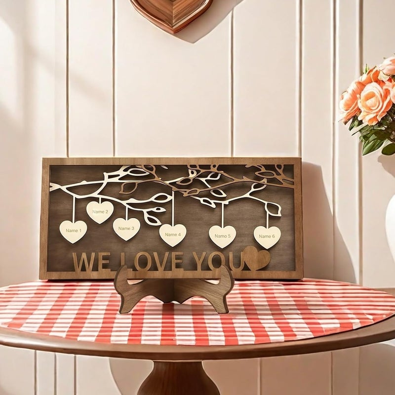 Wooden Wall Decor Family Tree Picture Frame Customizable, Personalized with We Love You Engraved, 6 Name Tags Heart-Shaped, for Grandparents, Parents, and Grandma, Ideal Gift, with Stand - Image 3