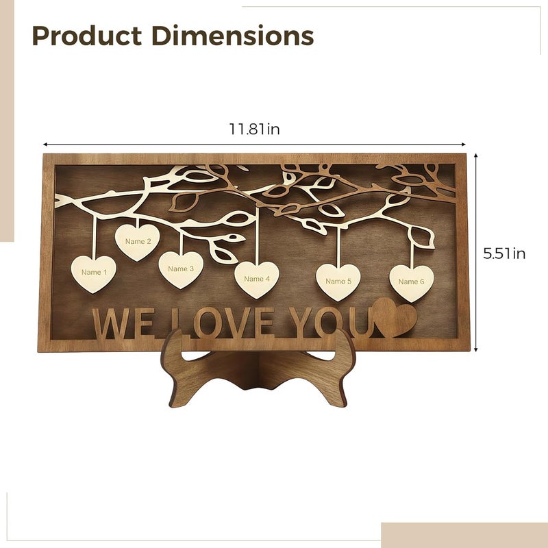 Wooden Wall Decor Family Tree Picture Frame Customizable, Personalized with We Love You Engraved, 6 Name Tags Heart-Shaped, for Grandparents, Parents, and Grandma, Ideal Gift, with Stand - Image 4