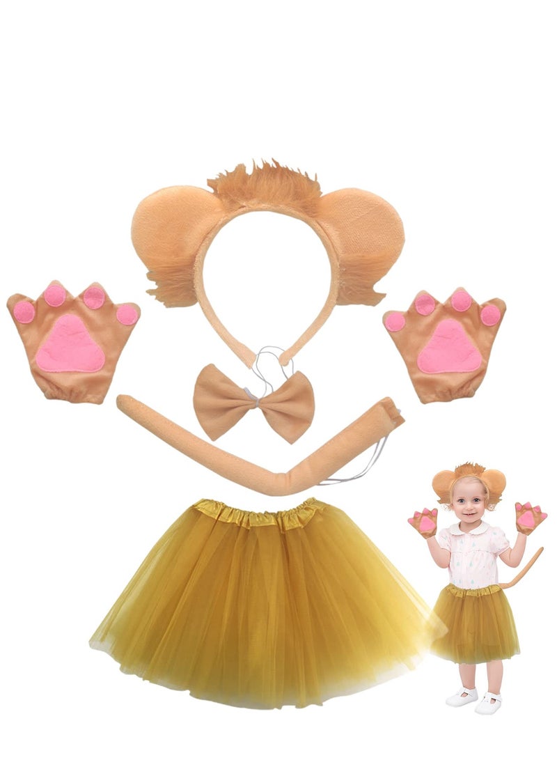 5-Piece Kids Lion Costume Set: Headband, Tail, Bow Tie, Gloves, and Tutu Skirt for Animal Cosplay, Christmas Parties, and Stage Performances. Perfect for Fun Dress-Up!  - Image 1