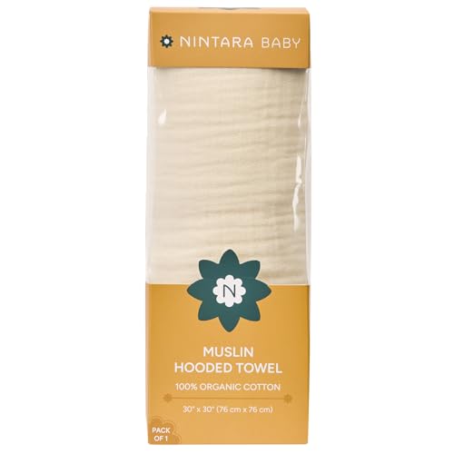 NINTARABABY Hooded Towel - 100% Organic Premium Muslin Cotton, 30" x 30" (76 cm x 76 cm), Ultra-Absorbent, Soft, Breathable, Hypoallergenic, Multipurpose, Gifts for Babies & Infants - Image 1