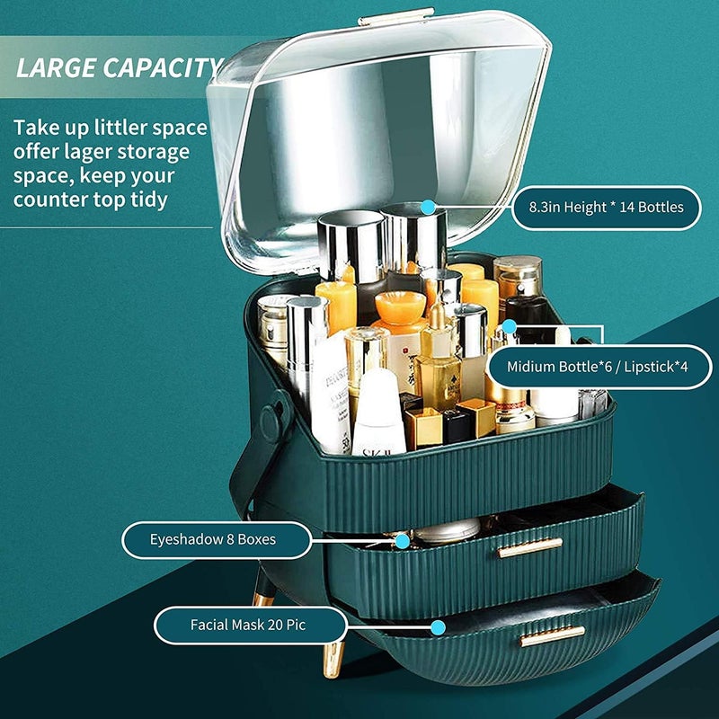 sulfar Large Cosmetic Makeup Organizer with Drawers and Brush Organizer, Dust Water Proof Cosmetics Storage Display Case, Suitable for Bathroom Countertop and Bedroom Vanity Dresser (green) - Image 5