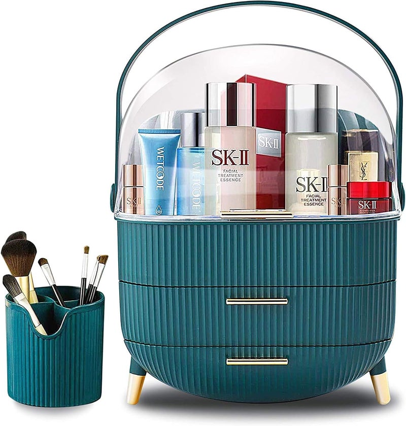 sulfar Large Cosmetic Makeup Organizer with Drawers and Brush Organizer, Dust Water Proof Cosmetics Storage Display Case, Suitable for Bathroom Countertop and Bedroom Vanity Dresser (green) - Image 1