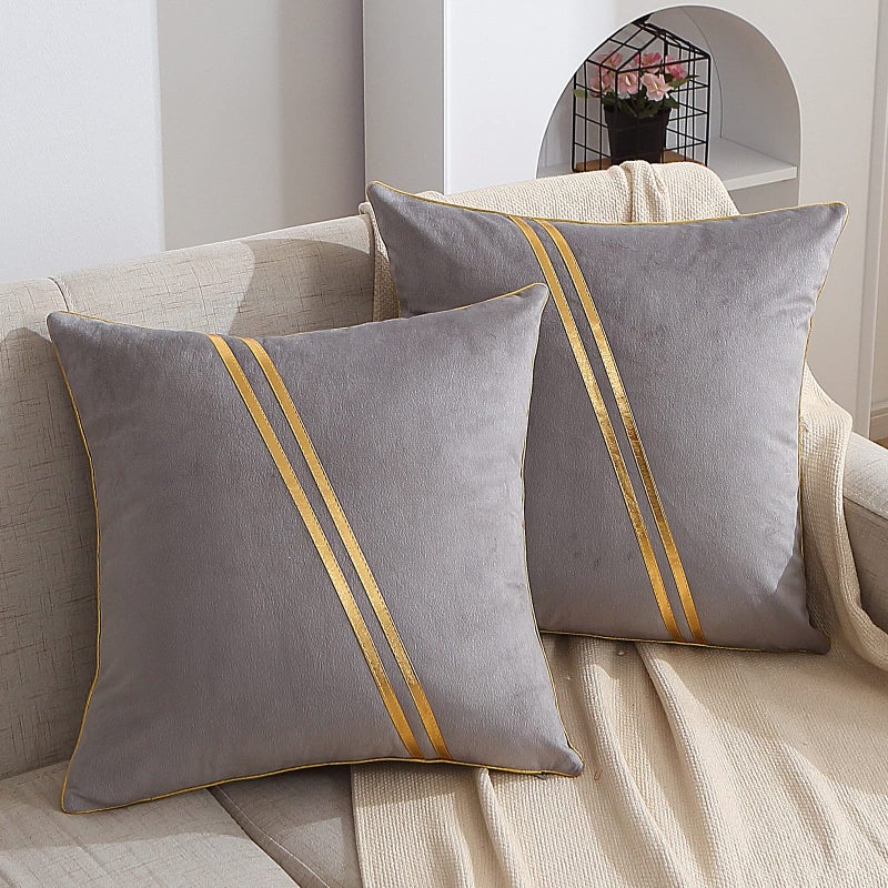 WACOMECO Pack of 2 Gold Throw Pillow Covers  Soft Decorative Luxury Velvet Cushion Covers Pillow Cases with Gold Leather for Sofa Bedroom Livingroom Car 18 x 18 in Grey