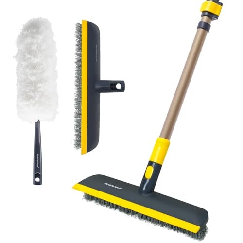 MinuteToCleanIt Floor Scrub Brush with Squeegee, 45.3-55.9" Extendable Handle, 11.8" Wide Head, for Tiles, Hardwood, Patio, Yellow (2 in 1 Brush with Duster) - Image 1