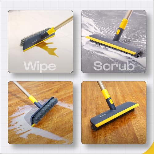 MinuteToCleanIt Floor Scrub Brush with Squeegee, 45.3-55.9" Extendable Handle, 11.8" Wide Head, for Tiles, Hardwood, Patio, Yellow (2 in 1 Brush with Duster) - Image 4