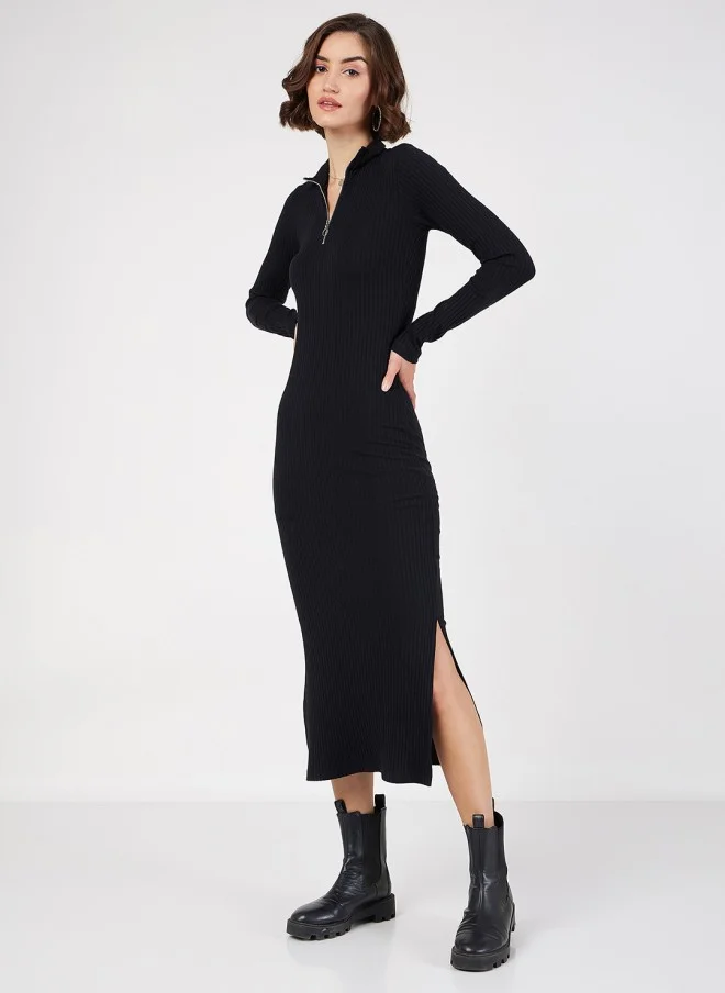 SASSAFRAS Black Ribbed Bodycon Midi Dress for Women