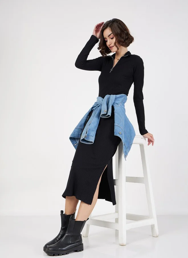 ساسافراس Black Ribbed Bodycon Midi Dress for Women