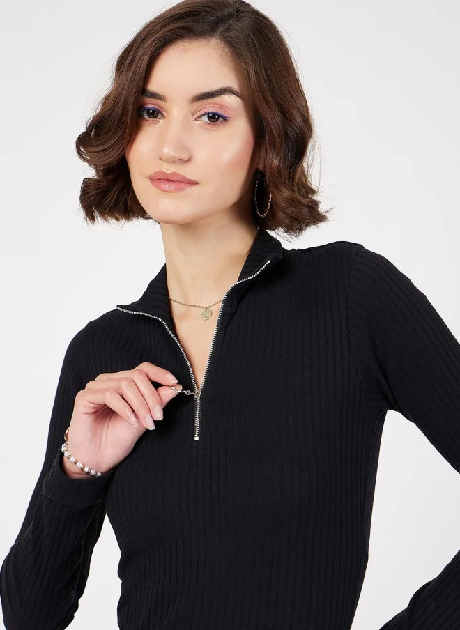 SASSAFRAS Black Ribbed Bodycon Midi Dress for Women