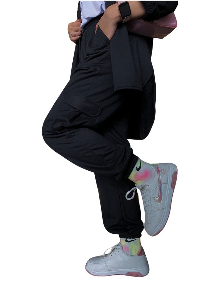 Qudra - 100% cotton black sweatpants with Pockets and Elasticated Foot - Image 1