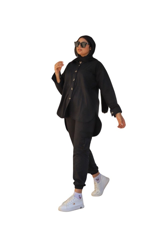 Qudra - 100% cotton black sweatpants with Pockets and Elasticated Foot - Image 1