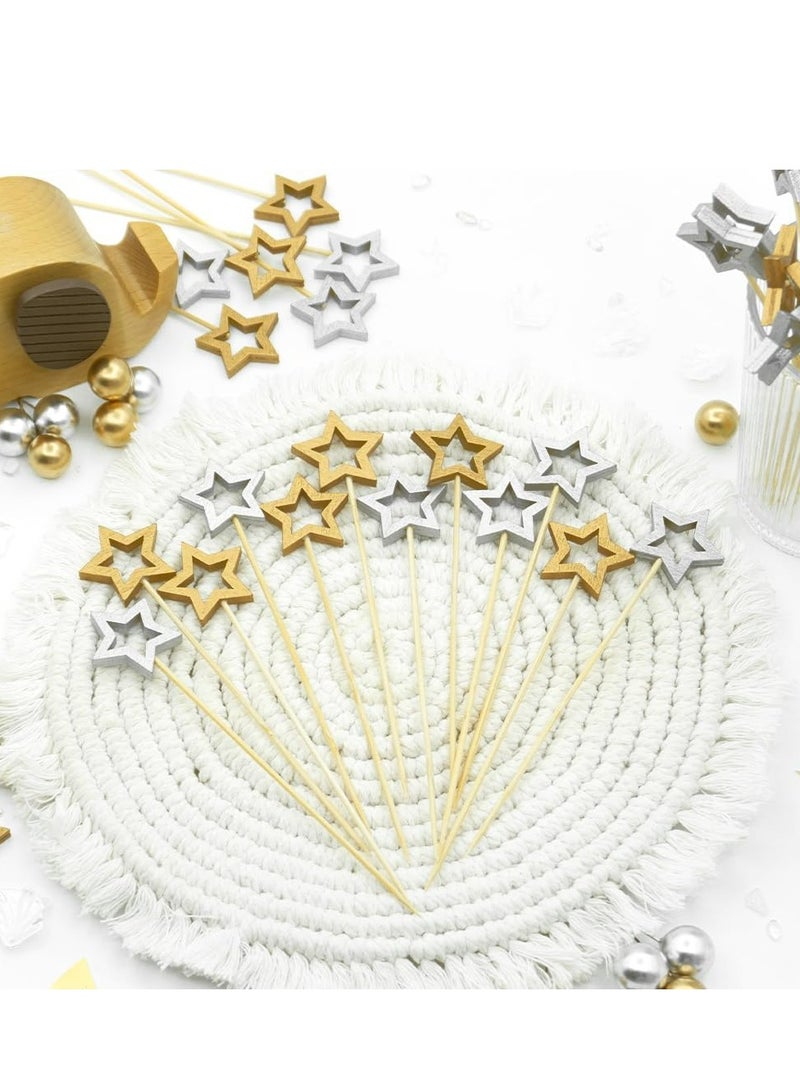 أوزيغالور 50 قطعة أعواد أسنان ذهبية على شكل نجمة ذهبية من الخيزران، أسياخ أسنان مزخرفة بطول 5.5 بوصة للمقبلات - Image 3